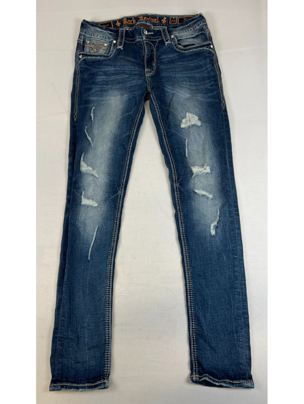 Rock Revival Mina Mid-Rise Skinny Jeans Women Size 29 Distressed Denim